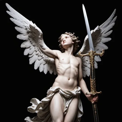 Prompt: angel from the side 
holding sword pinting upwards looking upwards wings  against a balck background