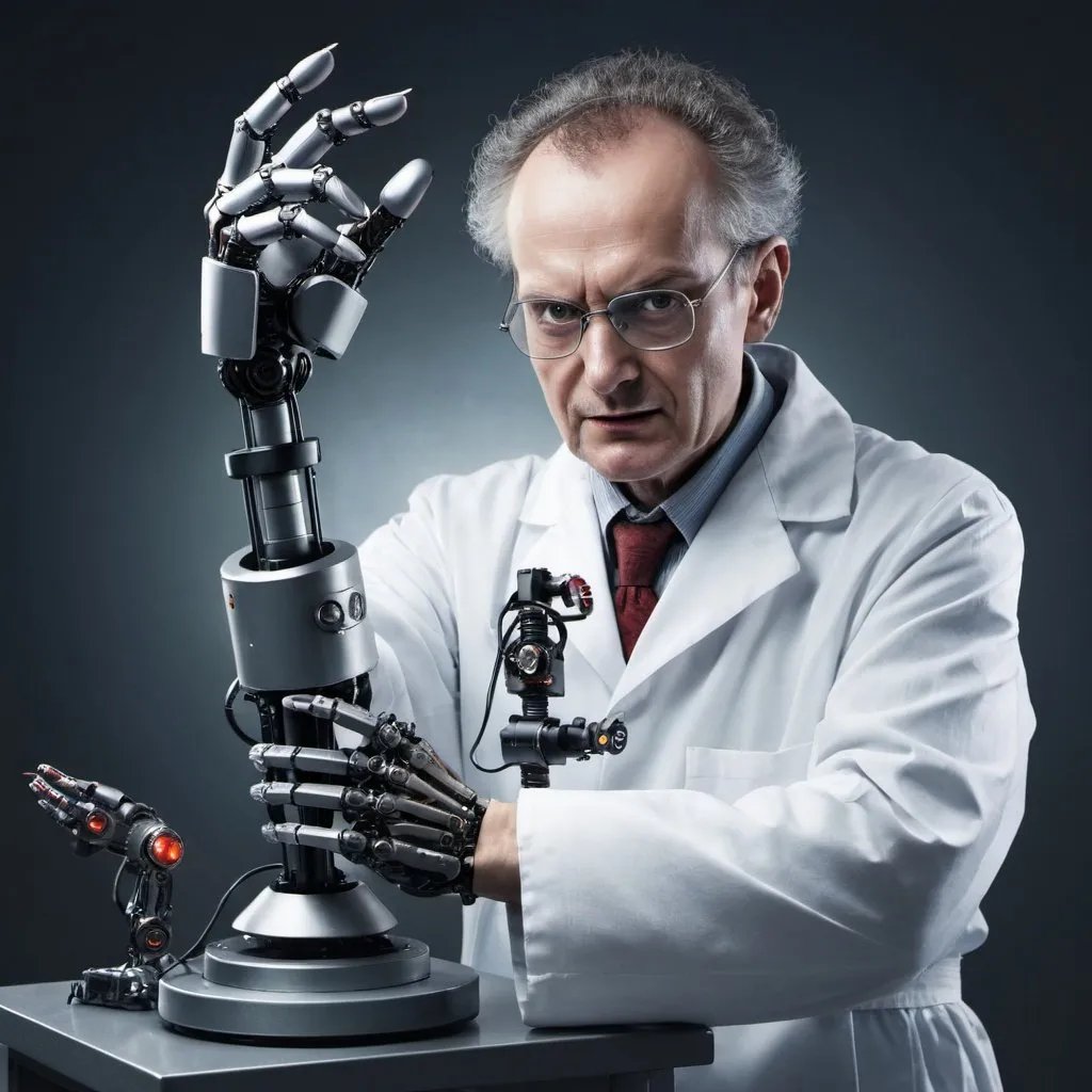 Prompt: evil scientist with robot arm