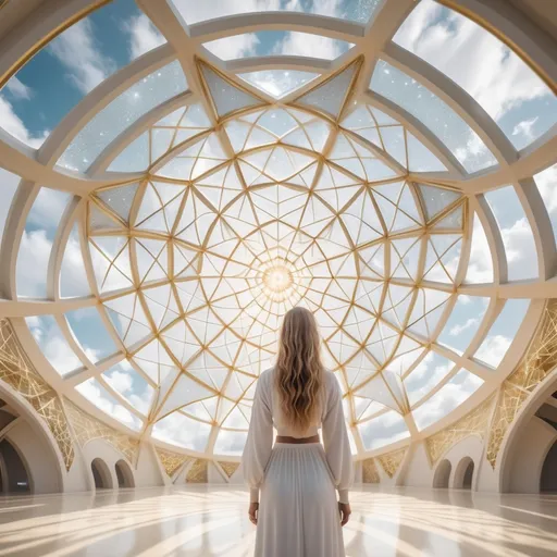 Prompt: A woman standing inside a large, delicate, white golden, dome shaped, complex sacred geometry structure grid with a opalescent, sparkly white sacred geometry roof in the clouds. dome