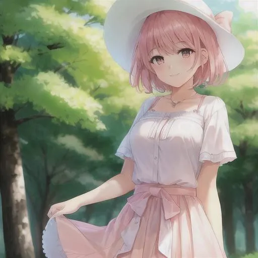 Prompt: , girl, short hair, pink hair, salmon hair, white dress with a pink ribbon around her waist, soft, young, pink eyes, forest background, smile, white sunhat