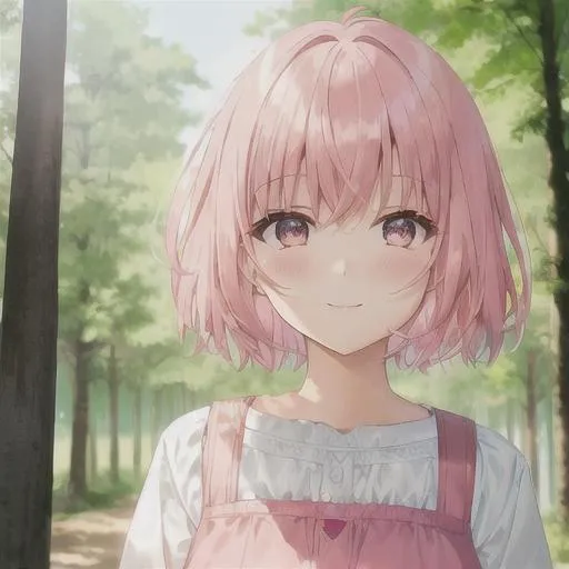 Prompt: , girl, short hair, pink hair, salmon hair, white dress, soft, young, pink eyes, forest background, smile