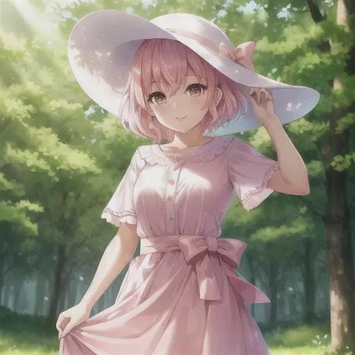 Prompt: , girl, short hair, pink hair, salmon hair, white dress with a pink ribbon around her waist, soft, young, pink eyes, forest background, smile, white sunhat