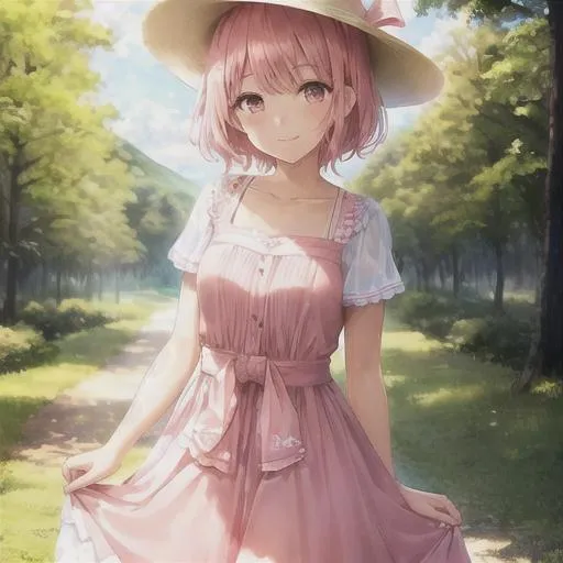 Prompt: , girl, short hair, pink hair, salmon hair, white dress with a pink ribbon around her waist, soft, young, pink eyes, forest background, smile, white sunhat, small chest