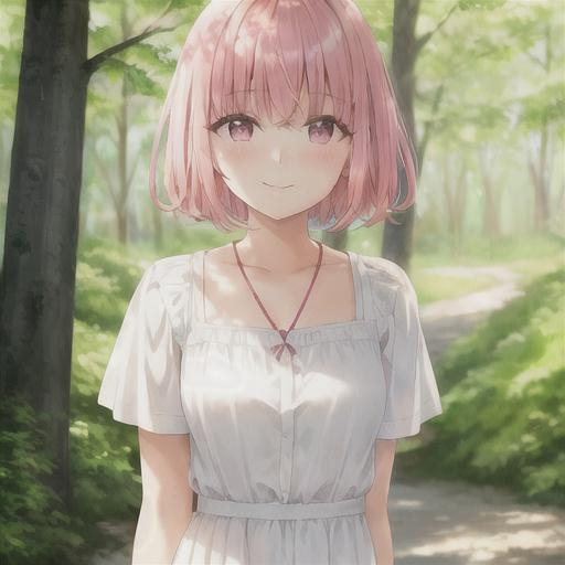 Prompt: , girl, short hair, pink hair, salmon hair, white dress, soft, young, pink eyes, forest background, smile