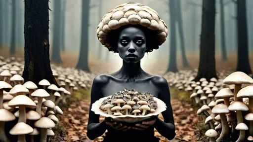 Prompt: a woman with a black face and a lot of mushrooms in her hands and a lot of mushrooms in her hands, Brad Kunkle, gothic art, surreal photography, a surrealist painting