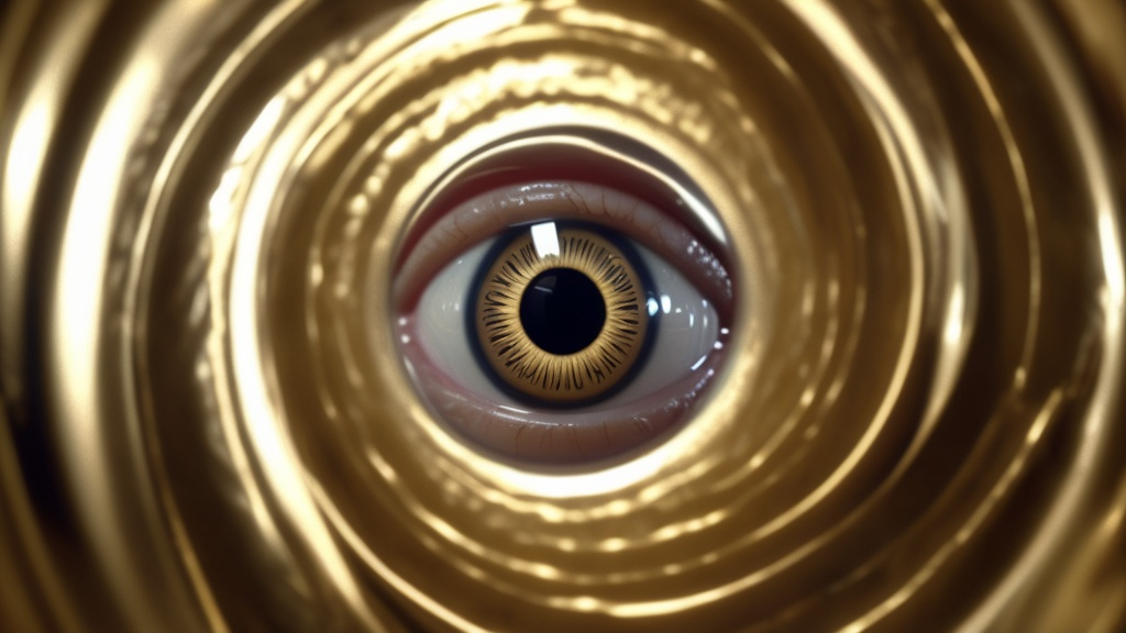 Prompt: A film noir, long shot, tilt shift 18mm extreme wide angle photo of a small generic thin faceless human with one gold rimmed glossy realistic eye, offering a smaller eyeball to the camera. He stands in a swirling vortex made from glistening crumpled foil and boiling water.