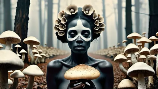 Prompt: a woman with a black face and a lot of mushrooms in her hands and a lot of mushrooms in her hands, Brad Kunkle, gothic art, surreal photography, a surrealist painting