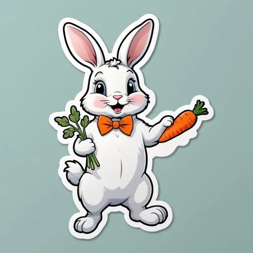 Prompt: A playful cartoon bunny wearing a tiny bow tie, hopping joyfully with a carrot in its paw, ideal for a sticker."
