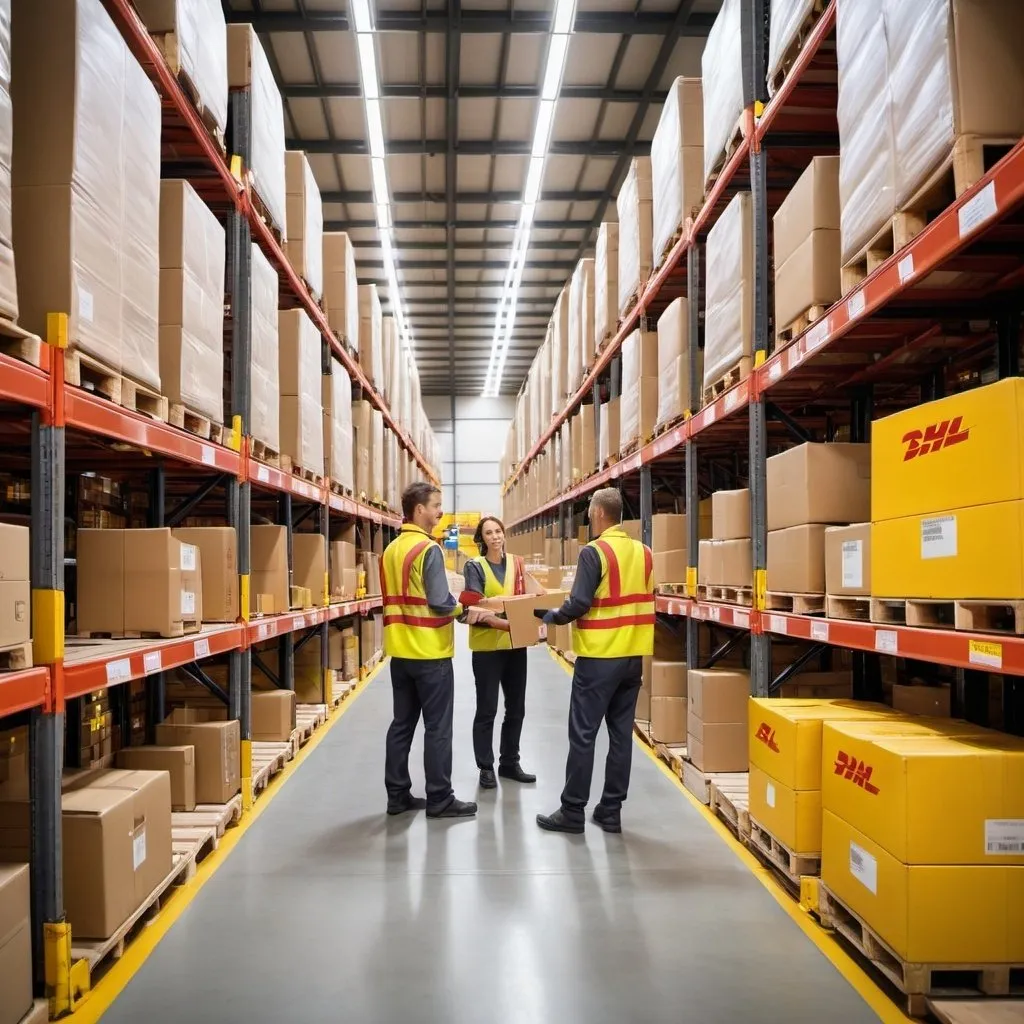 Prompt: A busy DHL warehouse with people picking goods, forklift trucks are also picking goods.  Employees should be diverse, equipped with hi-vests and be smiling as they perform their tasks.