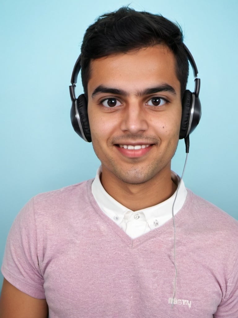Prompt: Generate a  beautiful picture of me working in an IT company with a headphones on my ear