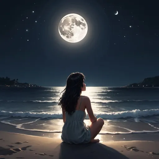 Prompt: A digital art image of a girl with dark hair sitting by the beach shore at nightime looking up at the moon with reflection on the water