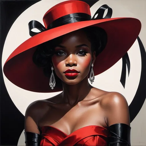 Prompt: Create an elegant and mysterious abstract portrait of an african american woman Using layered abstract shapes. She is poised side-on, with her features softened into shadows by the dramatic contrast of an oversized red hat adorned with a black ribbon. Her attire is a strapless red evening dress, embodying a classic silhouette that follows her contours gracefully. Accent her with long, white opera gloves that reach past her elbows, adding to the sophistication. The background should be pitch black, enhancing the striking contrast between the subject and her surroundings. Aim for a graphic art deco style with sharp contrasts and a minimalistic red, black and white color palette. Focus on the interplay of light and shadow 