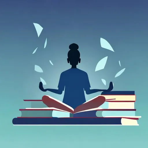 Prompt: Thumbnail featuring a silhouette of a meditating student surrounded by floating pages and a stack of books. Background is a gradient from deep blue to light blue.