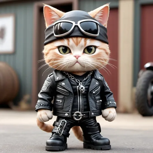 Prompt: 3D biker kitty wearing guns on hip bandana on his head with an agrssive look to him wearing leather coat and biker boots