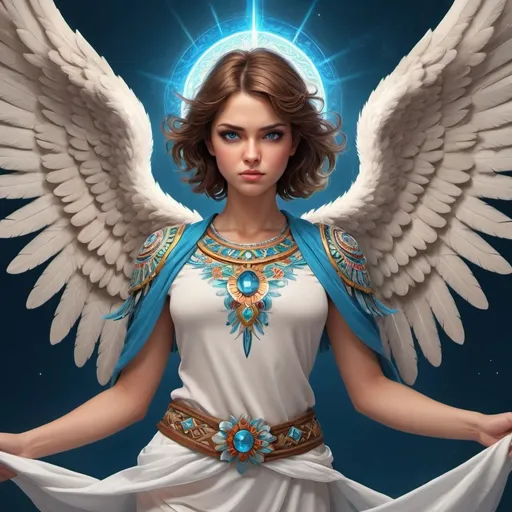 Prompt: Female Guardian angel. Mexican core. Chaotic. She has short brown hair and blue eyes. She looks friendly but also imponent and strong. Her clothes are fashionable and chick