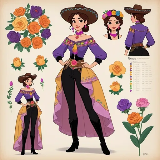 Prompt: Full body. 2D Disney princess style. Character sheet. A young woman on her 20's with short brown hair and brown eyes. She's wearing a charro's suit (purple, Mexican pink, orange, yellow, green, blue and balck).  Cempasuchil flowers on her hair. Tall and elegant. 