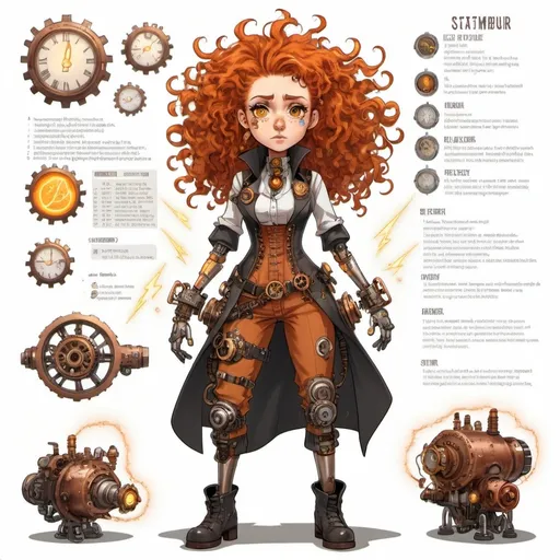 Prompt: Full body. Character sheet. A steampunk cyborg inventor with frizzy curly orange hair. She has an anxious looking her face and electricity sparks coming out of her. White background 