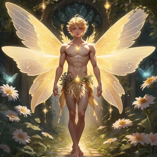 Prompt: Character sheet (anime). Full body. A femenine angelic male fairy whose body is made of golden light and fairy dust. He's in an euphoric delusional state. Cottage core