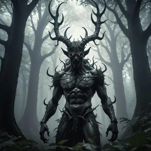 Prompt: A tree demon. Big scary. imaginary friend. He is tall as the trees in the forest and has shining white eyes and long horns that have thrones growing around them, he mostly looks like his body is made of shadows 
