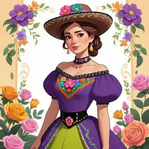 Prompt: Full body. 2D Disney princess style. A young woman on her 20's with short brown hair and brown eyes. She's wearing a charro's suit (purple, Mexican pink, orange, yellow, green, blue and balck).  Cempasuchil flowers on her hair. Tall and elegant. 