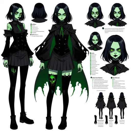 Prompt: Character sheet. Full body. A creepy student wearing gothic clothes, her body is made of shadows and her face is filled with hatred, her eyes are fiery green