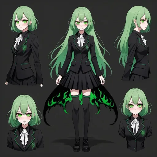 Prompt: Character sheet. Full body. Creepy character. Preppy student wearing gothic clothes, her body is made of shadows, her hair is long and green, her face is filled with hatred, her eyes are green flames. Horror anime creature