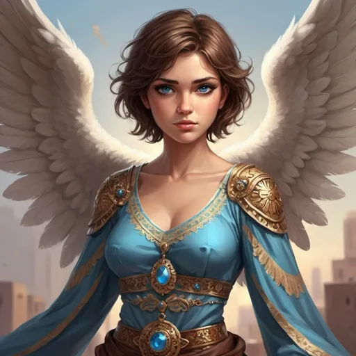 Prompt: Female Guardian angel. Mexican core. Chaotic. She has short brown hair and blue eyes. She looks friendly but also imponent and strong. Her clothes are fashionable and chick