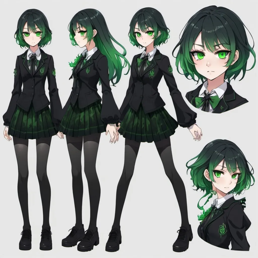 Prompt: Character sheet(anime). Full body. Preppy student wearing gothic clothes, her body is made of shadows, her hair is long and green, her face is filled with hatred, her eyes are green flames