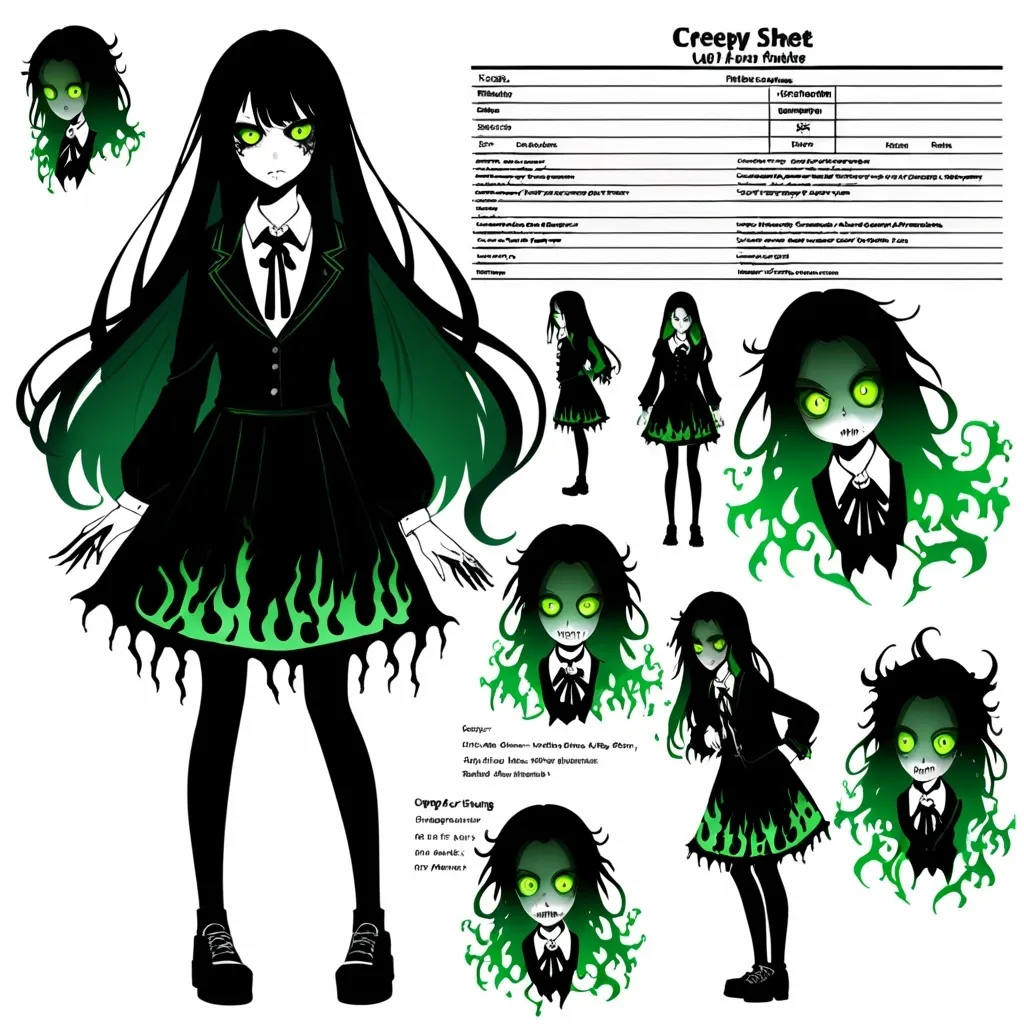 Prompt: Character sheet. Full body. Creepy character. Preppy student wearing gothic clothes, her body is made of shadows, her hair is long and green, her face is filled with hatred, her eyes are green flames. White background 