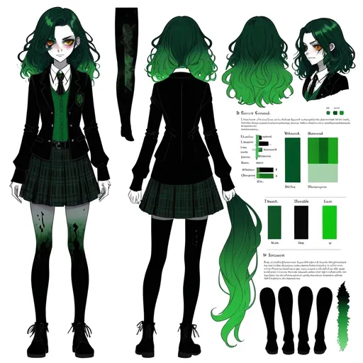 Prompt: Character sheet. Full body. Preppy student wearing gothic clothes, her body is made of shadows, her hair is long and green, and her face is filled with hatred, her eyes are fiery green