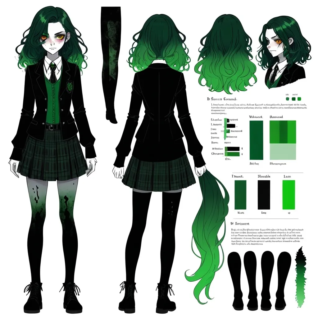 Prompt: Character sheet. Full body. Preppy student wearing gothic clothes, her body is made of shadows, her hair is long and green, and her face is filled with hatred, her eyes are fiery green