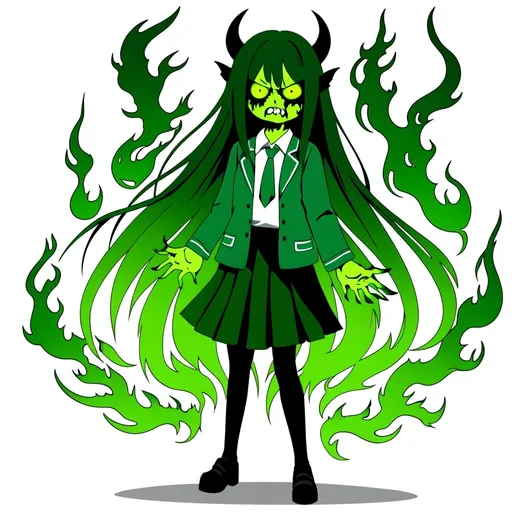 Prompt: Full body. Chaacter sheet. Color pallete: light green. A shadow female demon, wearing a school uniform, she has long hair, her face is filled with anger and her eyes are shinning with green fire. Horror. White background 
