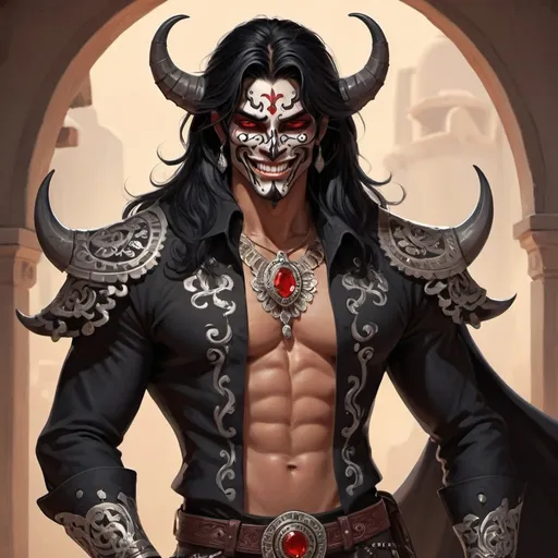 Prompt: Male guardian demon. Mexican core. Charming. He has long black hair and red eyes. He has a flirty yet warm smile. His clothes are elegant and similar to those of Los charros 