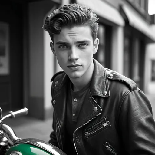 Prompt: A young man in his  twenties. Short hair. Handsome. Motorcycle clothing. Fifties dressing style. Everything in the image is black and white except his eyes Wich are green