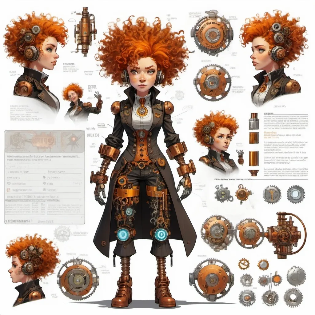 Prompt: Full body. Character sheet. A steampunk cyborg inventor with frizzy curly orange hair. She has an anxious looking her face and electricity sparks coming out of her. White background 