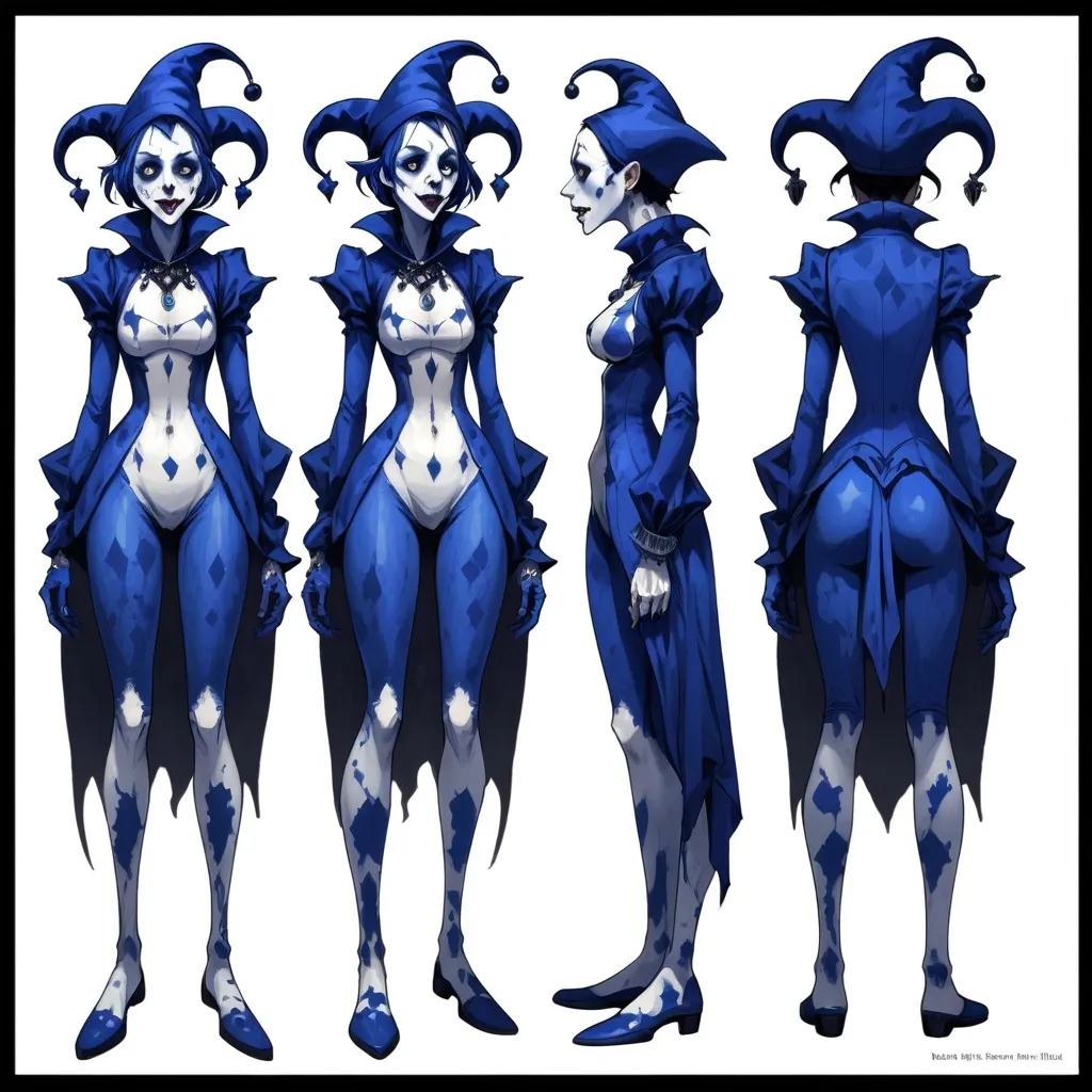 Prompt: Character sheet. Full body. A gloomy woman Ina blue jester outfit, she looks as if made of broken porcelain, her face is filled with despair. Horror 