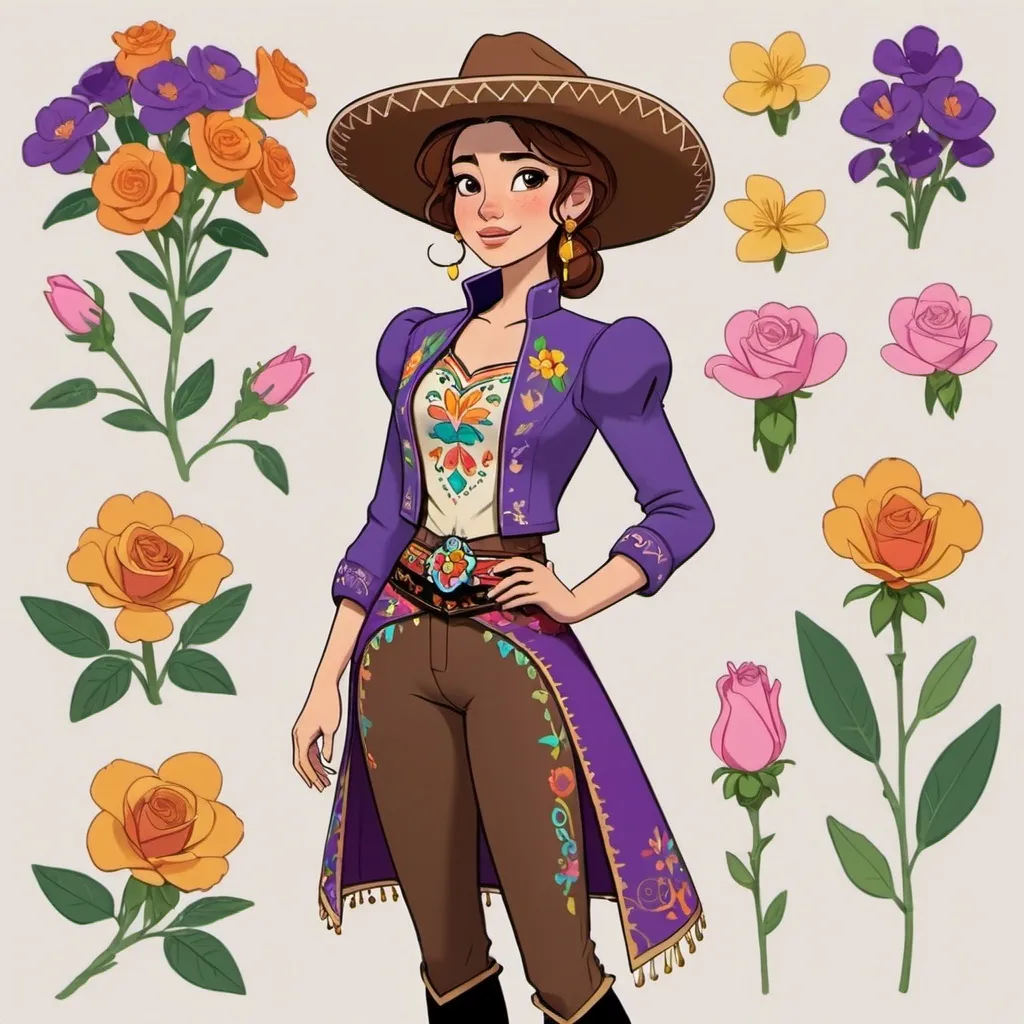 Prompt: Full body. 2D Disney princess style. Character sheet. A young woman on her 20's with short brown hair and brown eyes. She's wearing a charro's suit (purple, Mexican pink, orange, yellow, green, blue and balck).  Cempasuchil flowers on her hair. Tall and elegant. 