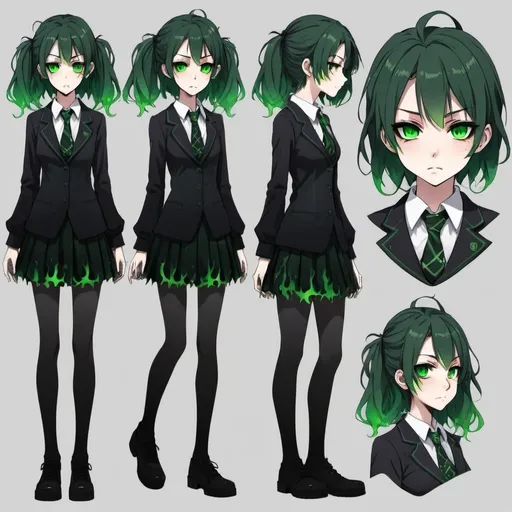 Prompt: Character sheet(anime). Full body. Creepy character. Preppy student wearing gothic clothes, her body is made of shadows, her hair is long and green, her face is filled with hatred, her eyes are green flames. Horror anime