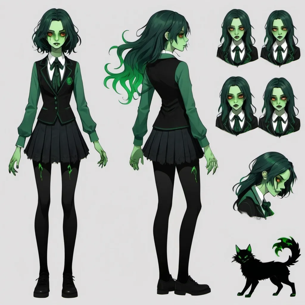 Prompt: Character sheet. Full body. Creepy character. Preppy student wearing gothic clothes, her body is made of shadows, her hair is long and green, her face is filled with hatred, her eyes are green flames