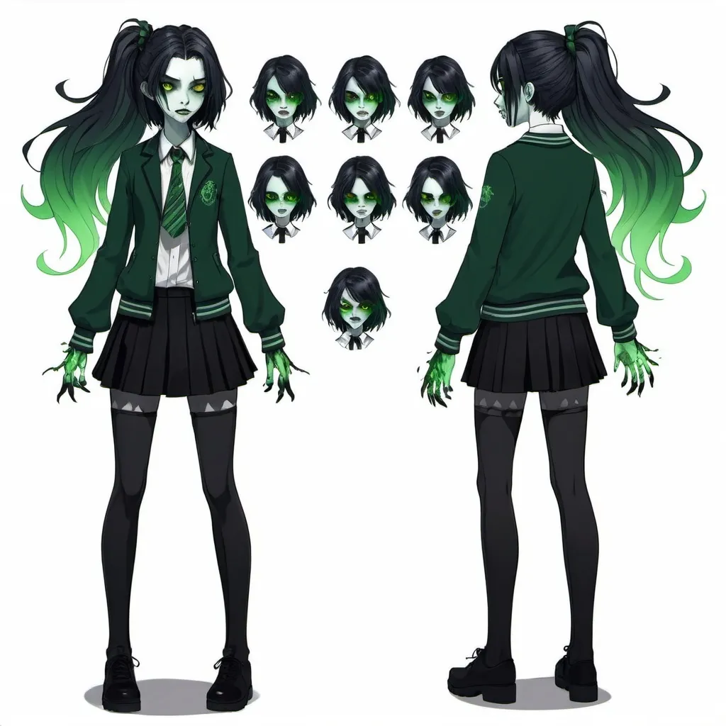 Prompt: Character sheet. Full body. Creepy character. Preppy student wearing gothic clothes, her body is made of shadows, her hair is long and green, her face is filled with hatred, her eyes are green flames