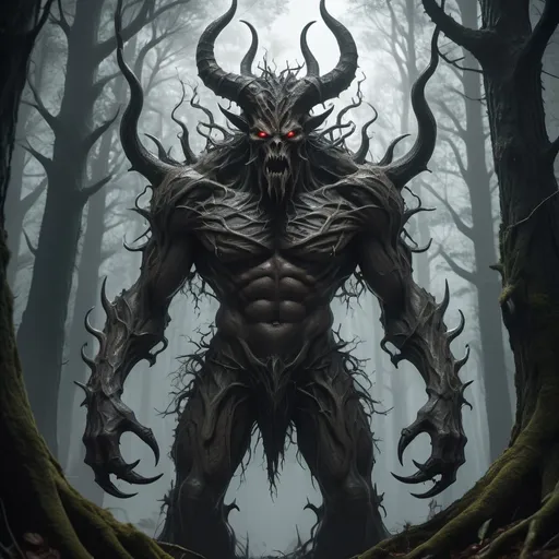 Prompt: A tree demon. Big scary. imaginary friend. He is tall as the trees in the forest and has shining white eyes and long horns that have thrones growing around them