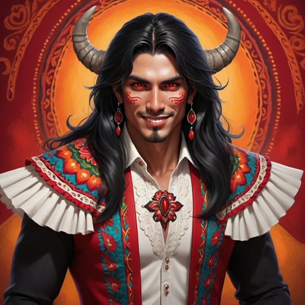 Prompt: Male guardian demon. Mexican core. Charming. He has long black hair and red eyes. He has a flirty yet warm smile. His clothes are elegant and similar to those of Los charros 