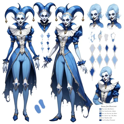 Prompt: Character sheet. Full body. Am elegant woman in a light a blue jester outfit, she looks as if made of broken porcelain, her face is filled with despair. Horror 