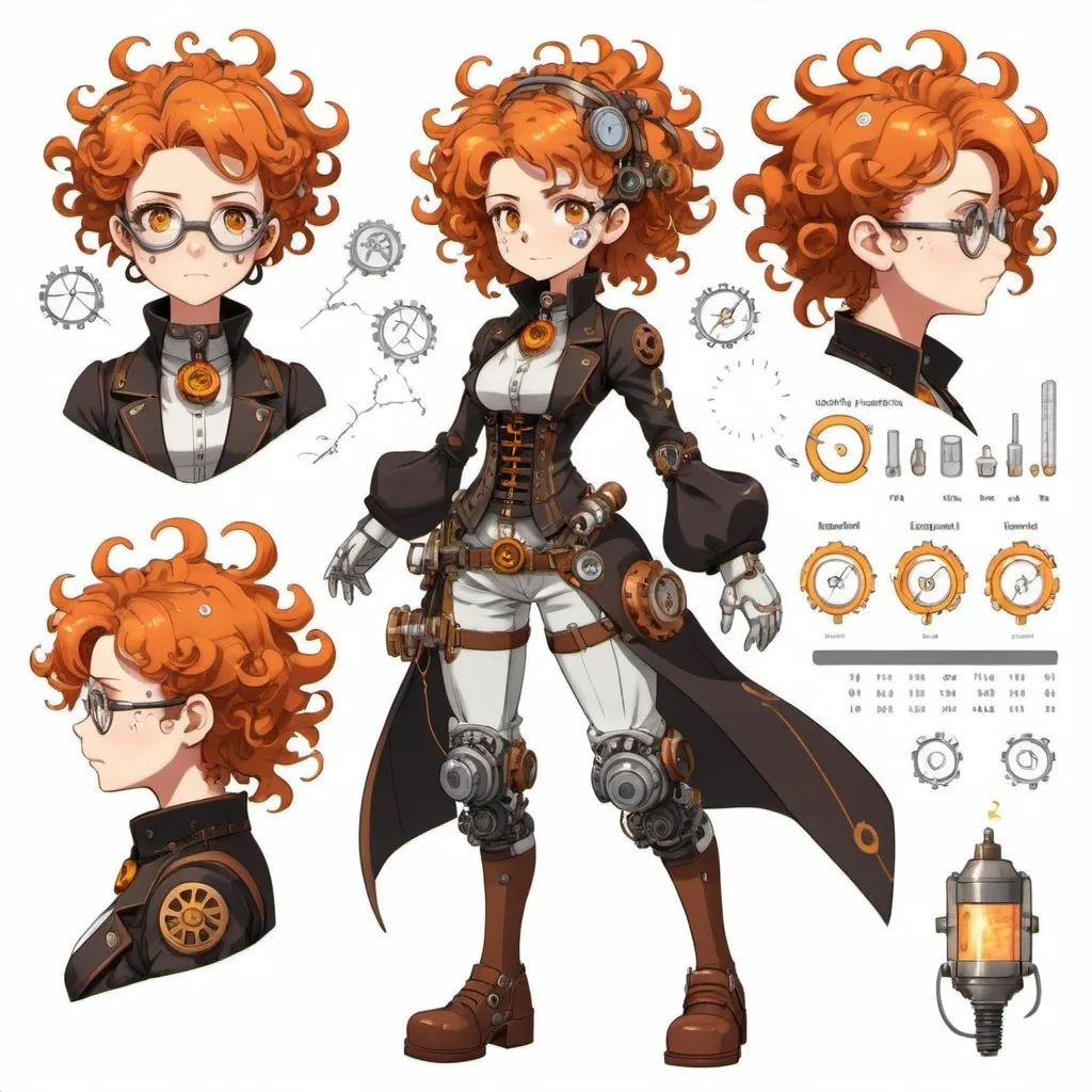 Prompt: Full body. Character sheet (anime). A steampunk cyborg inventor with frizzy curly orange hair. She has an anxious looking her face and electricity sparks coming out of her. White background 