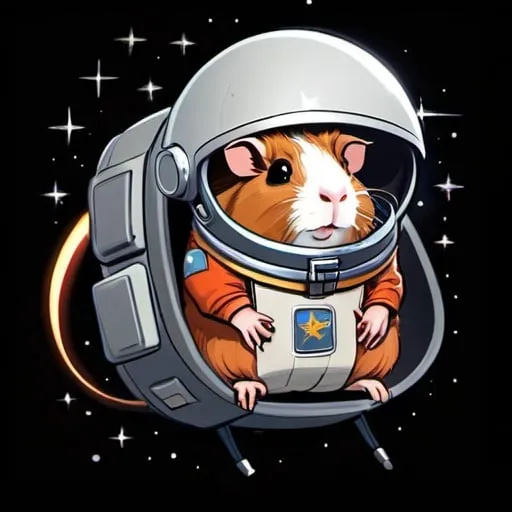 Prompt: a cartoon guinea pig in a space suit on a black background with stars and a rocket ship in the background, Donald Roller Wilson, space art, mass effect, concept art with a camping backpack