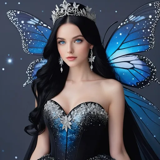 Prompt: (She Has Extremely Long Black Hair and Blue Eyes. She is fit Here Height is 5.4 feet. She is 20-Year-Old)was wearing a black and silver ombre ball gown. And black wings with what look like butterfly wings but they are black with silver pictures on them that look like star constellations

