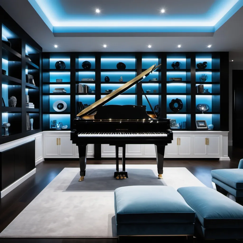 Prompt: A dark, contemporary living room with built in shelves with light blue back lighting and a diamond-encrusted grand piano