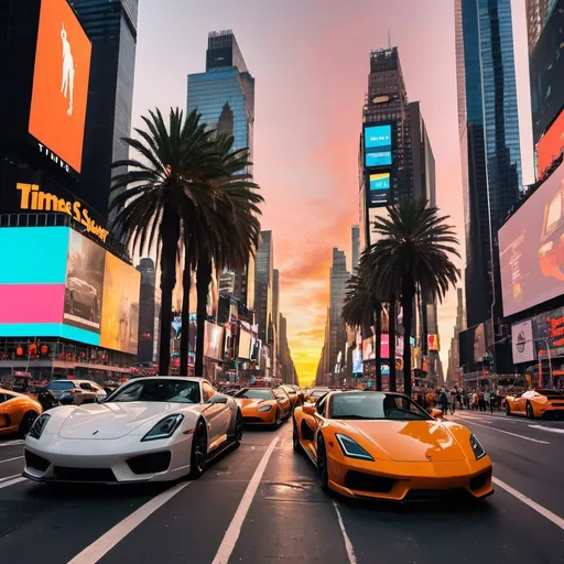 Prompt: Times Square at sunset with palm trees lining the street and sports cars