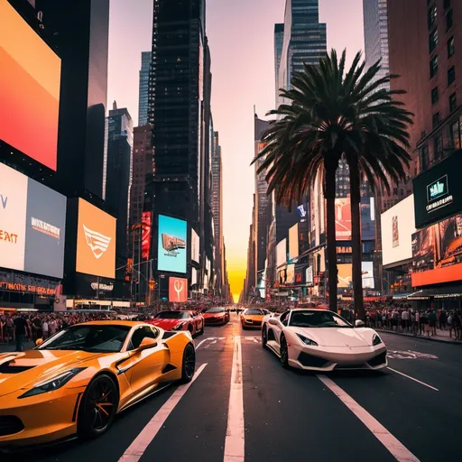 Prompt: Times Square at sunset with palm trees lining the street and sports cars