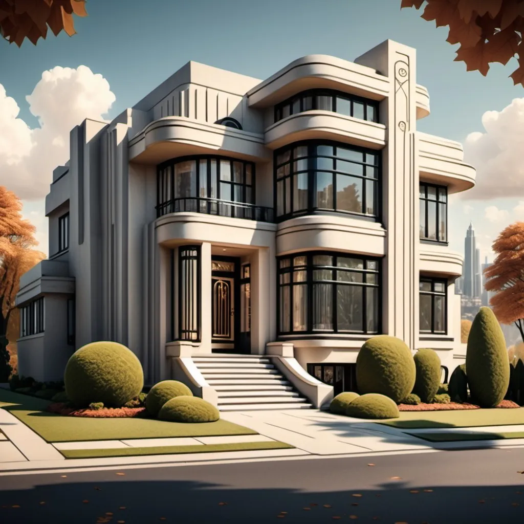 Prompt: beautiful art deco style home with attractive landscape with cityscape in the background